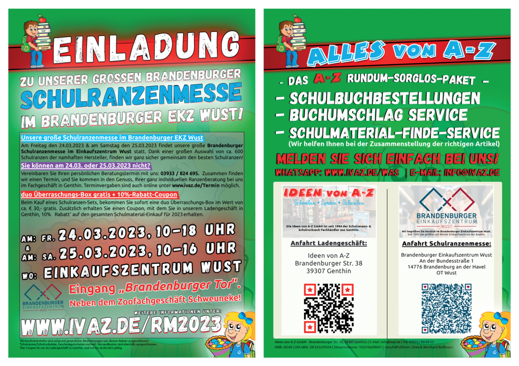 Schulranzenmesse Brandenburg 2023 im EKZ Wust Flyer